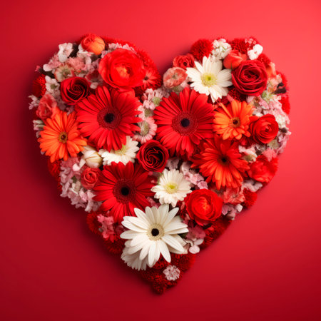 The heart is lined with beautiful flowers on a red backgroundの素材