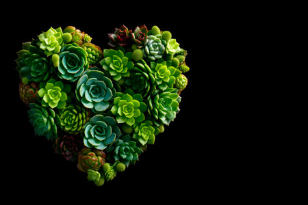 Succulents and cacti are laid out in the shape of a heart.の素材