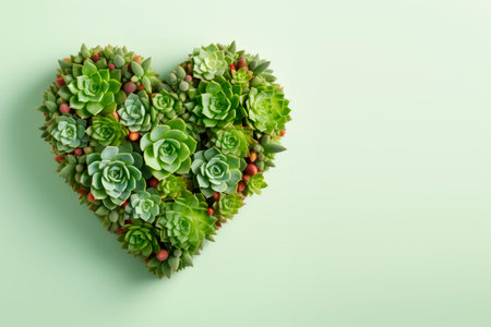 Succulents and cacti are laid out in the shape of a heart.の素材