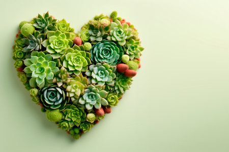 Succulents and cacti are laid out in the shape of a heart.の素材