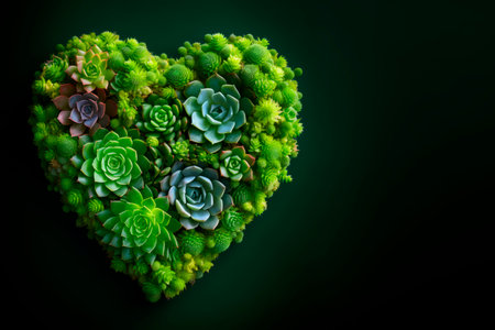 Succulents and cacti are laid out in the shape of a heart.の素材
