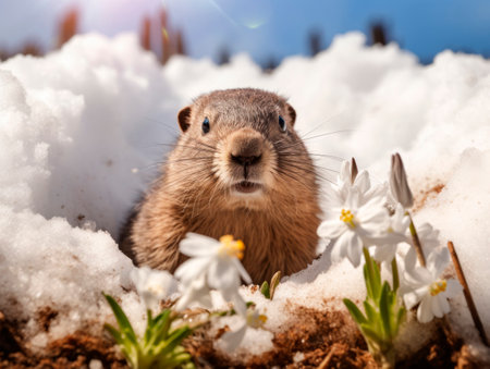 The groundhog came out of his hole.の素材
