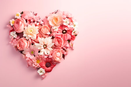 A variety of pink and white flowers are laid out in the shape of a heart on a pink background.の素材