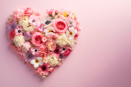 A variety of pink and white flowers are laid out in the shape of a heart on a pink background.の素材