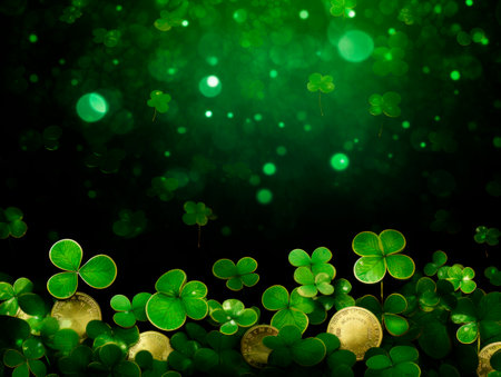 The green background of the copy area with clover and gold coins for St. Patricks Day.の素材