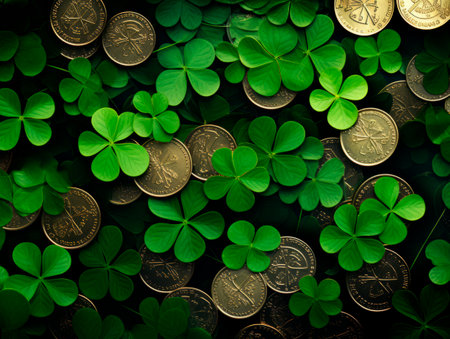 The green background of the copy area with clover and gold coins for St. Patricks Day.の素材