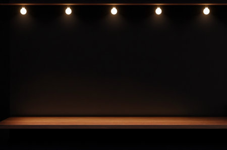 Empty wooden shelf on black wall with spotlights. Mockup, 3D Renderingの素材