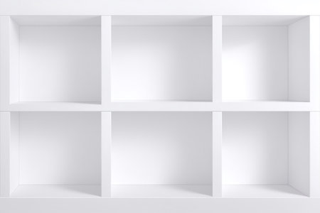 Empty white shelves on white wall. 3d rendering. abstract backgroundの素材