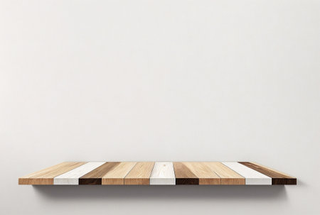 Empty wooden shelf on white wall background. For product display and montageの素材
