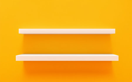 Empty white bookshelf on orange wall. 3d rendering.の素材