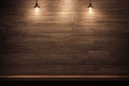 Wooden wall and floor with light bulbs. 3d rendering.の素材