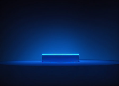Neon pedestal on dark blue background. 3D rendering.の素材