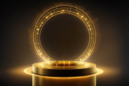 Abstract round podium illuminated with neon lights. Award ceremony concept. vector illustrationの素材