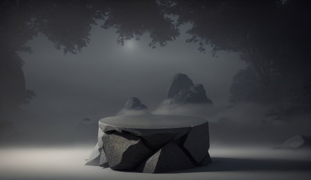 Dark abstract scene with stone podium and fog. 3D Renderingの素材