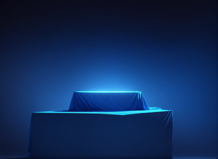 Stage podium with lighting, Stage Podium Scene with for Award Ceremony on blue Background.の素材