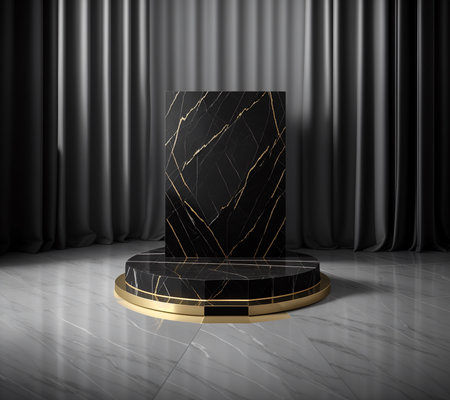 Black podium with gold ribbon on the stage curtain background. 3d renderingの素材