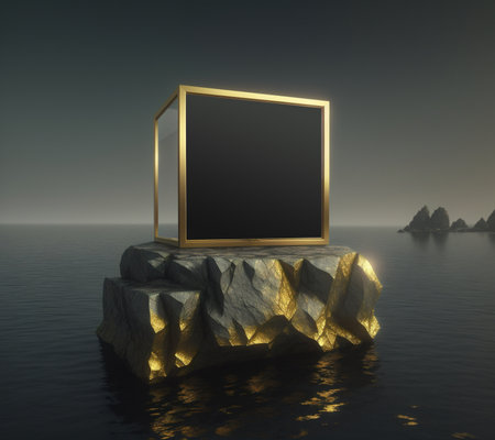 3d render of a black frame on a stone in the seaの素材