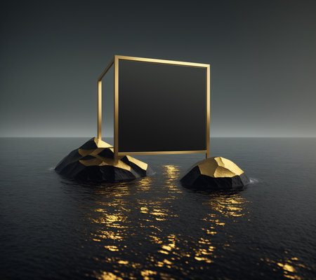 3d render of black cube with gold frame on dark background.の素材