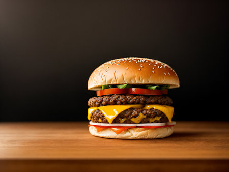 Closeup of tasty cheeseburger on wooden table against black backgroundの素材
