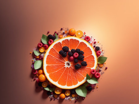 Ripe grapefruit, blackberry, kiwi, orange and currant on a brown background.の素材