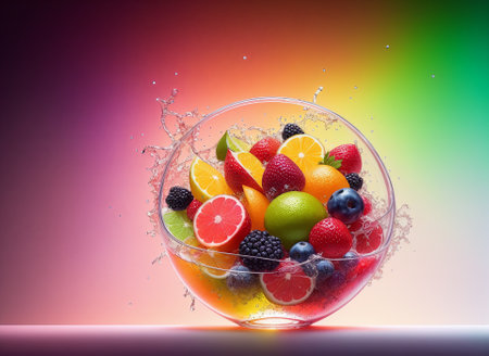 Fruit salad with water splash on colorful background. mixed fruits.の素材