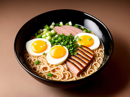 japanese ramen noodle with pork and egg on brown backgroundの素材