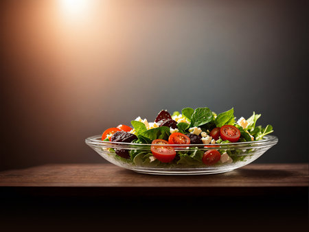 salad with feta cheese and cherry tomatoes on a wooden tableの素材