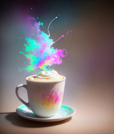 Cup of coffee with colorful paint splashes on a gray backgroundの素材