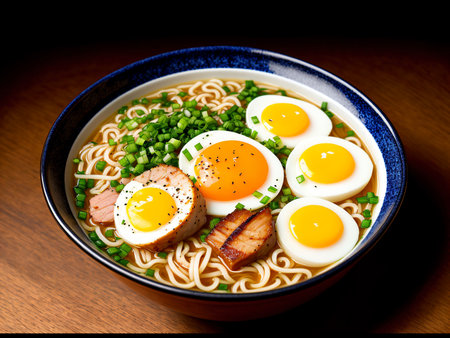 Japanese ramen noodle soup with fried egg, pork and green onionの素材
