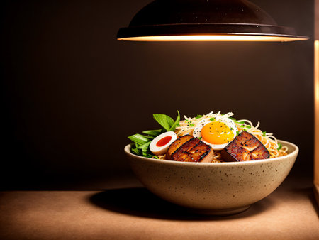 Bowl of buckwheat noodles with fried egg on dark backgroundの素材