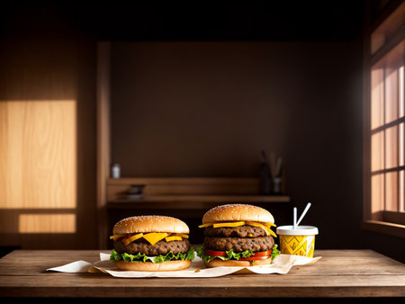 Two hamburgers on wooden table in front of window with lightの素材