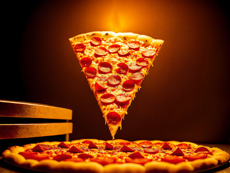 Pizza with pepperoni and mozzarella cheese on a black backgroundの素材