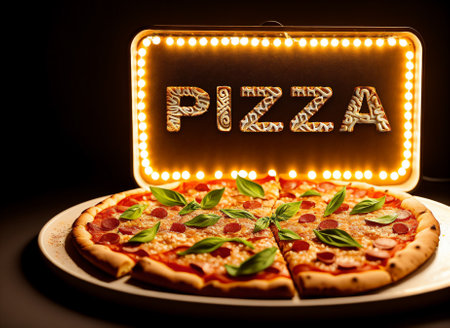 Pizza with pepperoni, mozzarella and basil on a black backgroundの素材