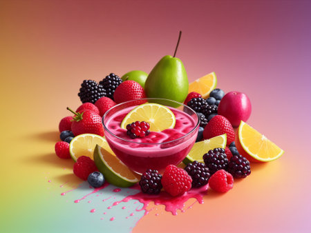 Fruit smoothies in glass bowl with fruits and berries on colorful backgroundの素材