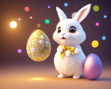 Cute white rabbit with golden egg. Easter concept. 3D renderingの素材