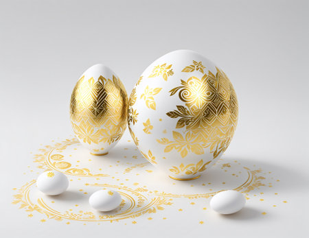 Easter eggs with gold ornament on a white background. 3d illustrationの素材