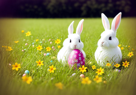 Easter bunny and easter egg on green grass with yellow flowersの素材
