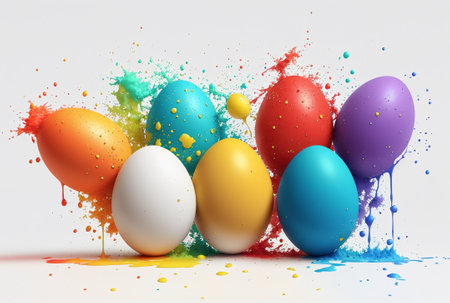 Colorful easter eggs with paint splashes on a white backgroundの素材