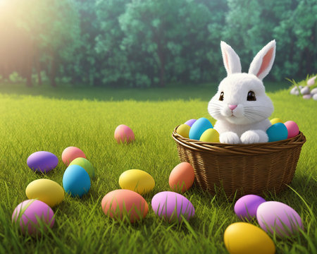 Easter bunny with basket of colorful eggs on green grass background.の素材