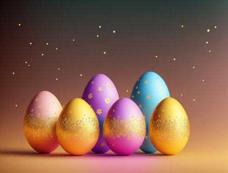 Easter eggs with golden confetti. 3d vector illustration.の素材