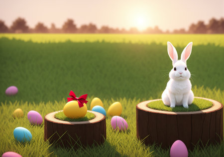 Easter bunny with easter eggs on green grass. 3d renderingの素材