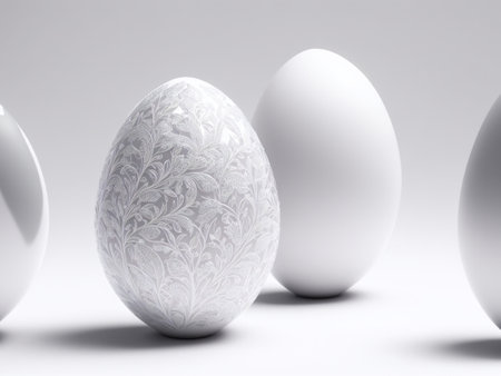White Easter eggs on a white background. 3d rendering, 3d illustration.の素材