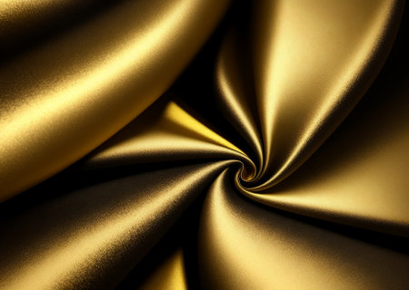 Gold satin fabric as background. close up. Luxurious background.の素材