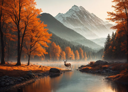 Mountain river in the autumn forest. Autumn landscape with wild deer.の素材