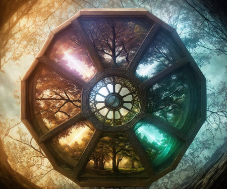 Fantasy landscape with a round window in the middle of the forestの素材