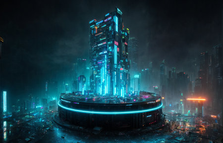 Futuristic cyberpunk city at night with neon lights. 3d renderingの素材