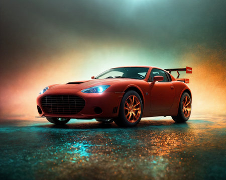 Red sport car on a dark foggy background. 3d renderingの素材