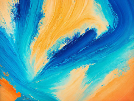 Abstract background of acrylic paints in blue, orange and yellow tones.の素材