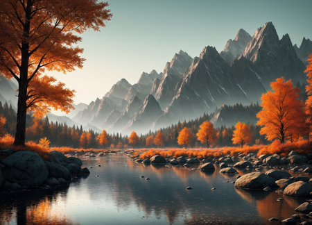 Mountain landscape with lake and autumn trees in the foreground. 3d renderingの素材