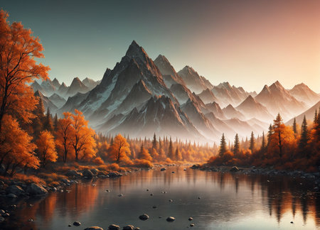 Mountain landscape with autumn forest and lake at sunset. 3D renderingの素材